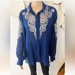 Bob Mackie Wearable Art  Blue 100% Silk Button Up Blue / White Size Large Blouse